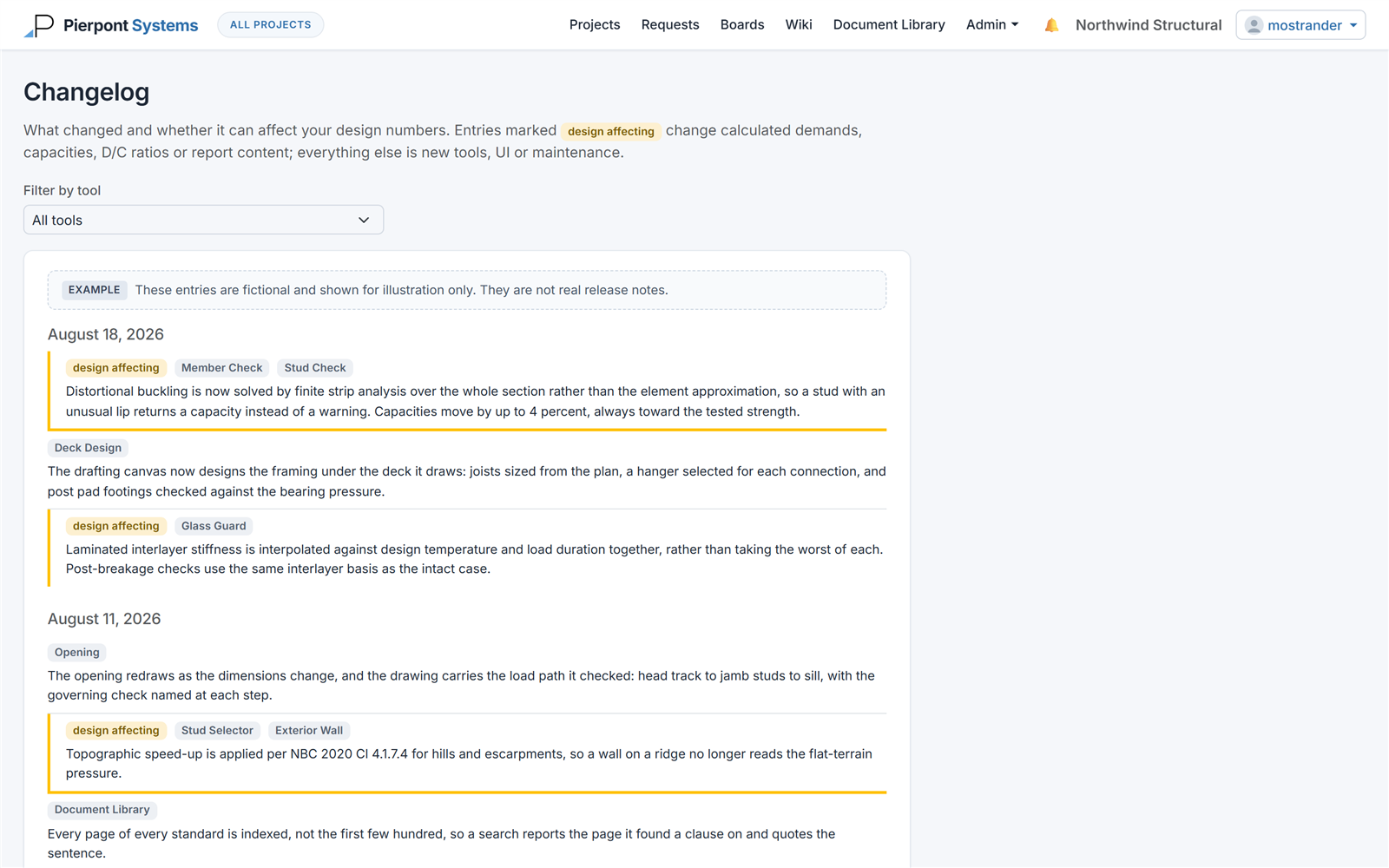 The Pierpont changelog with example entries, showing design affecting changes flagged in yellow