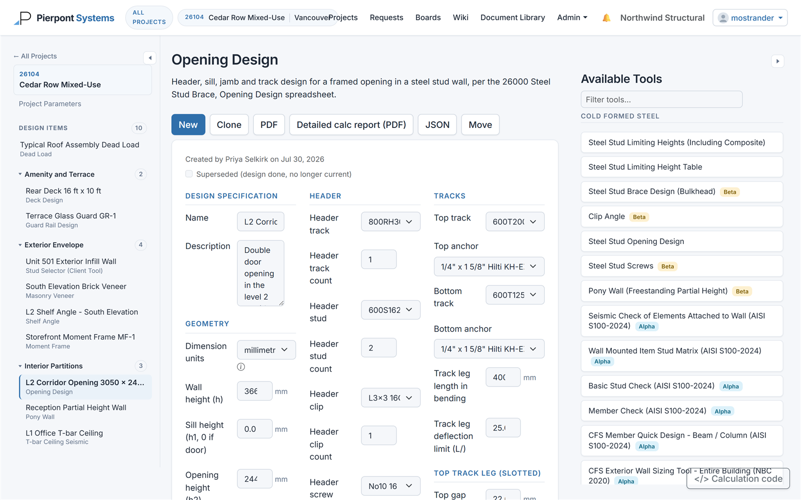 The Pierpont Opening Design tool showing parameter inputs for a framed opening in a steel stud wall, with one-click PDF and detailed calculation report exports