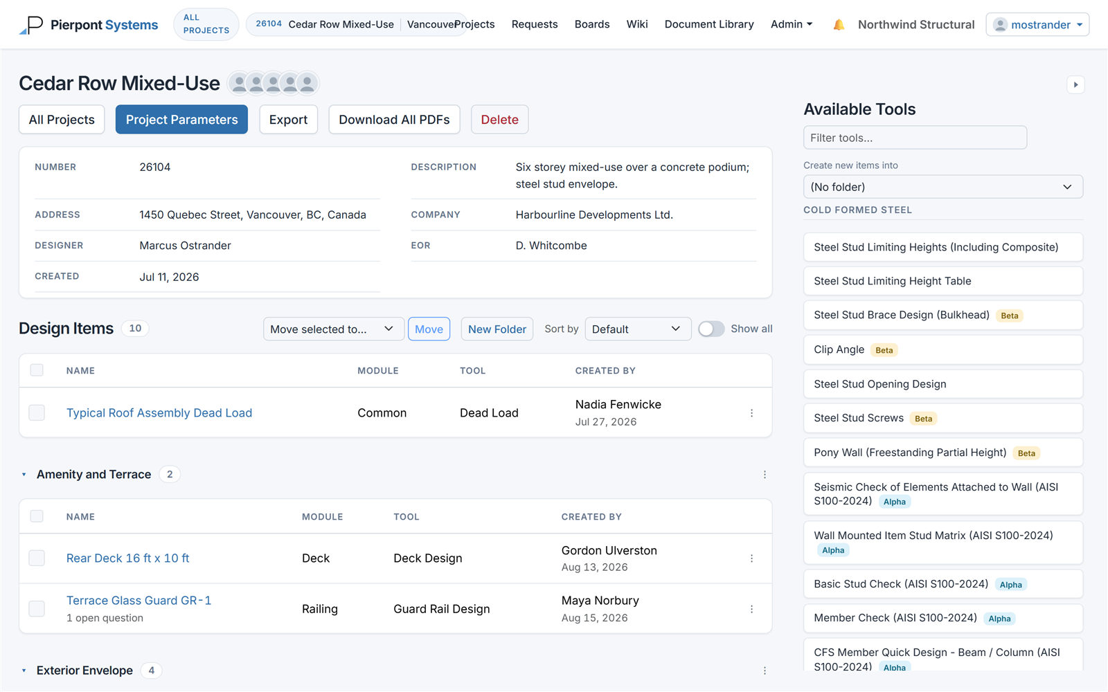 A Pierpont project workspace showing a list of design items and the available design tools