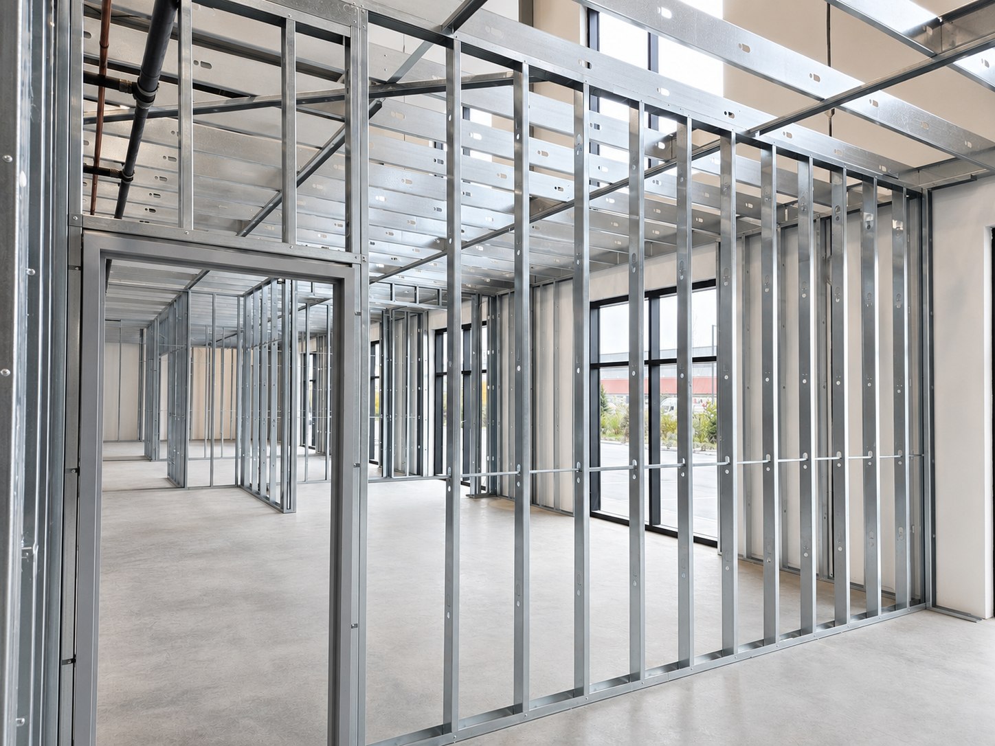 Cold-formed steel stud framing of interior walls and ceiling structure